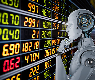 3d rendering humanoid robot analyze stock market regulation