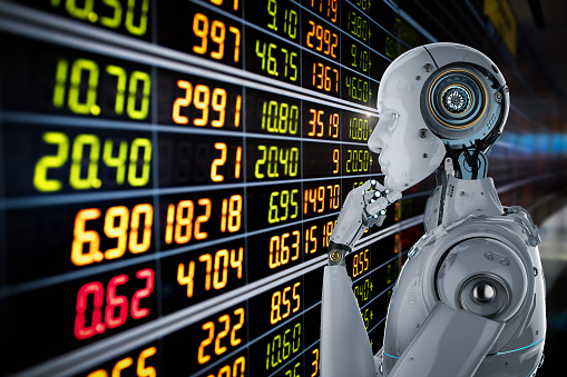 3d Rendering humanoider Roboter analysiert die Börsenregulierung